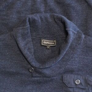 Express $78‎ Small Navy Blue Shawl Collar Chest Pocket 100% Cotton Sweater